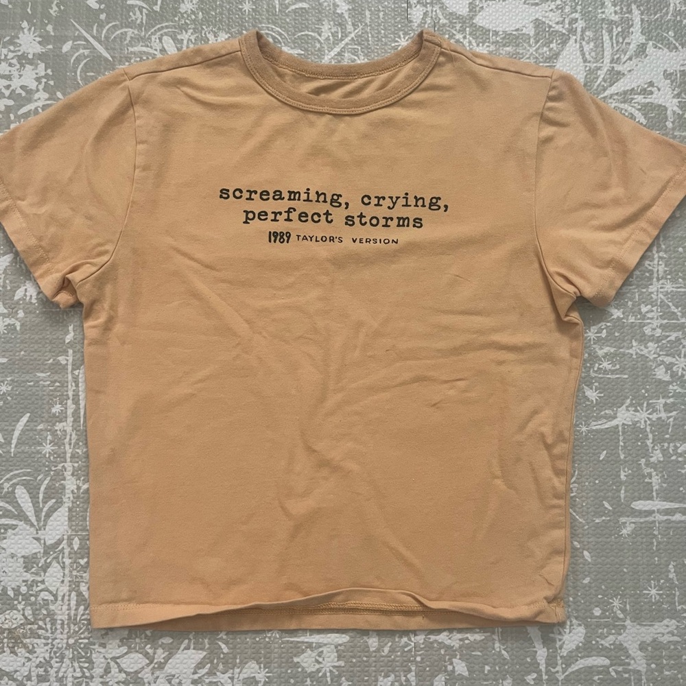 Taylor Swift Peach Graphic Crop Top with Black Text